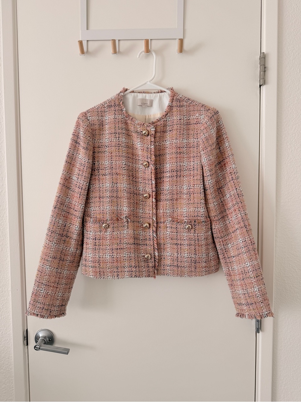 LOFT Pink Tweed Collarless Blazer with Gold Buttons